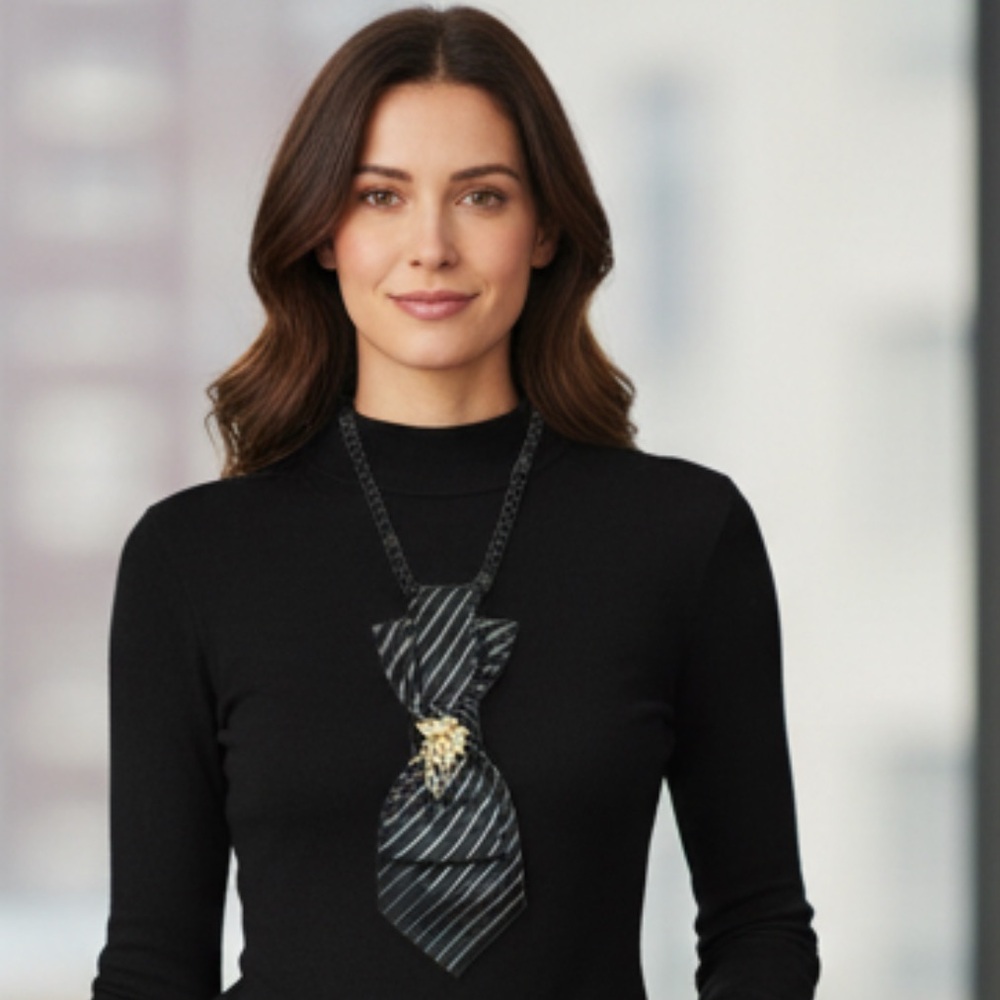 “Dainty Dapper” black Striped Tie Necklace with gold floral brooch